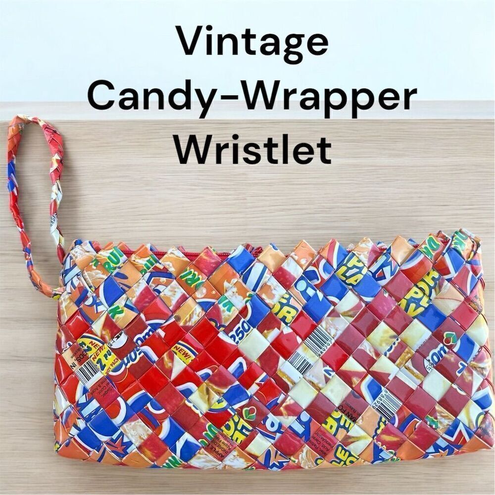 Vintage Handmade Multicolor Red Blue Candy Wrapper Basket Weave Wristlet